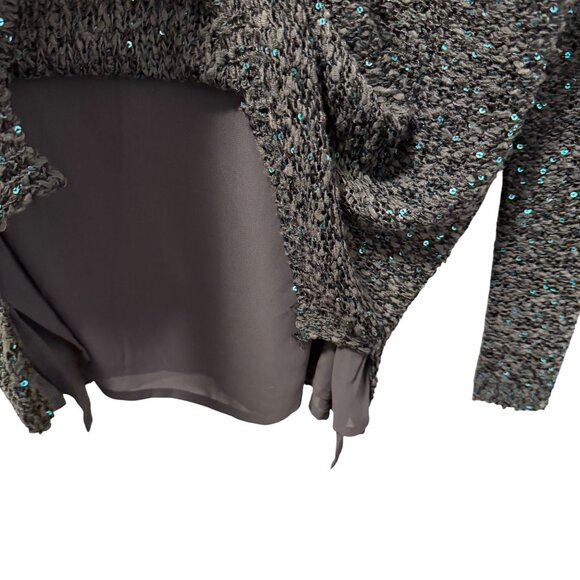 Apt. 9 blouse Sz  XL Gray Sequin V-Neck Long Sleeve Sweater With Sheer Underlaye - Picture 5 of 12